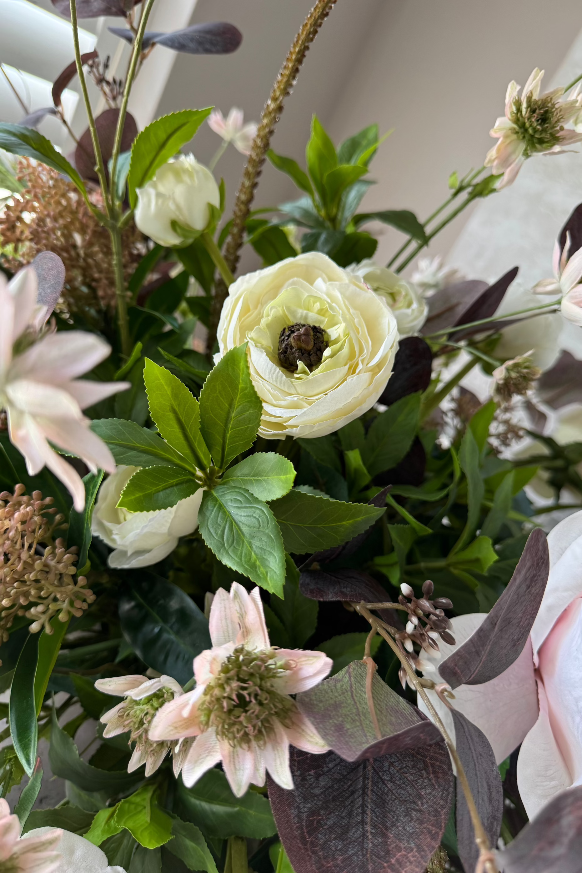 Ranunculus, Rose and Astrantia in a Rustic Brown Vase RTfact Flowers 