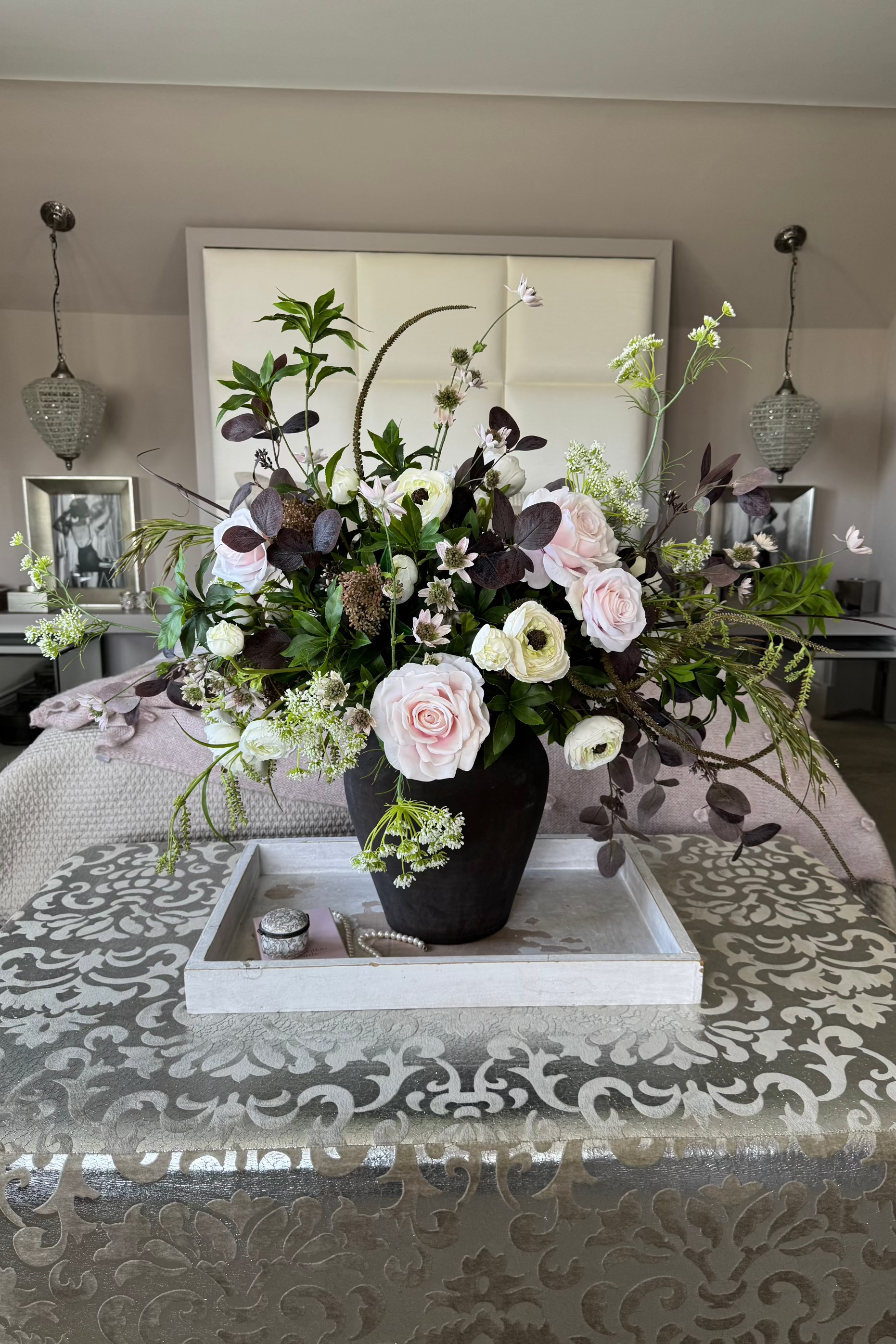 Ranunculus, Rose and Astrantia in a Rustic Brown Vase RTfact Flowers 