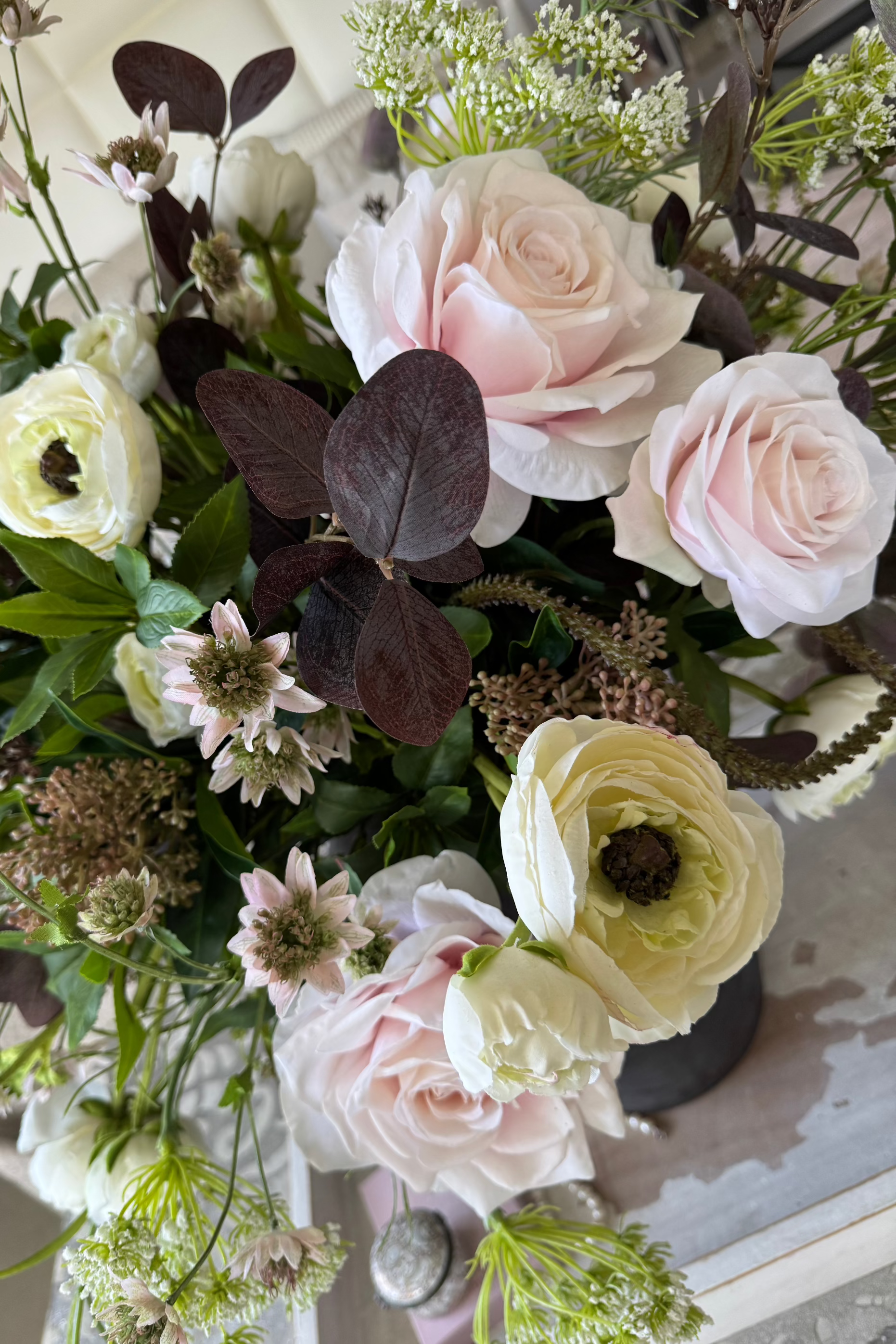 Ranunculus, Rose and Astrantia in a Rustic Brown Vase RTfact Flowers 