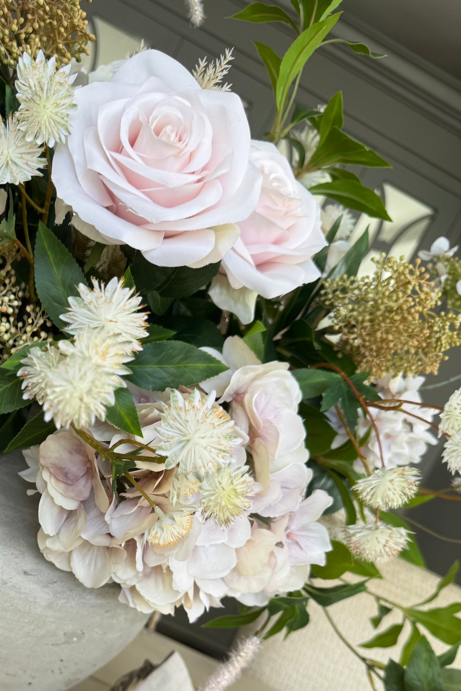 Rose, Hydrangea and Astrantia in Rustic Light Stone Colour Vase RTfact Flowers 