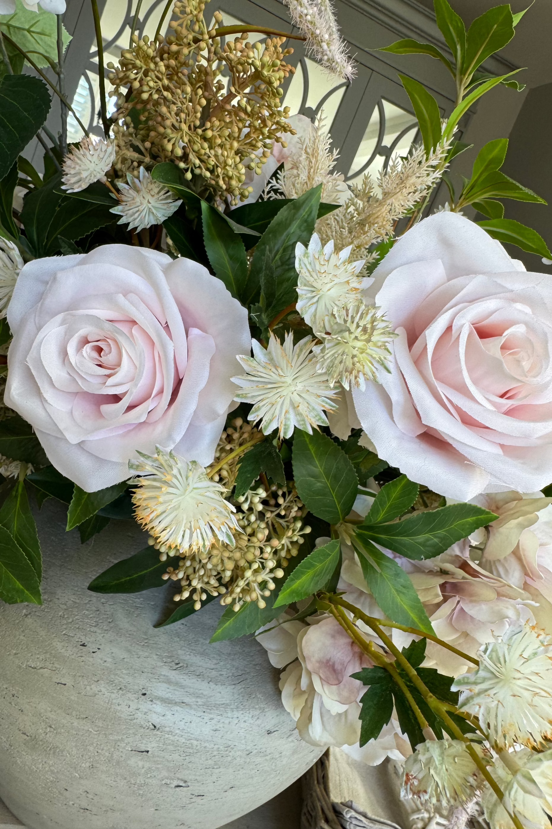 Rose, Hydrangea and Astrantia in Rustic Light Stone Colour Vase RTfact Flowers 
