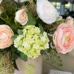 Ranunculus, Viburnum and Skimmia in a Taupe Glass Vase RTfact Flowers 