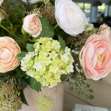 Ranunculus, Viburnum and Skimmia in a Taupe Glass Vase RTfact Flowers 