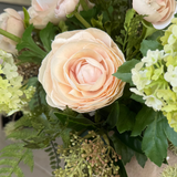 Ranunculus, Viburnum and Skimmia in a Taupe Glass Vase RTfact Flowers 