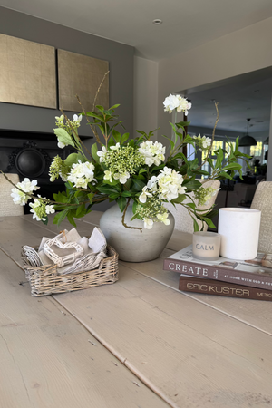 Bucida, Hydrangea Spray and Viburnum in a Light Grey Terracotta Vase