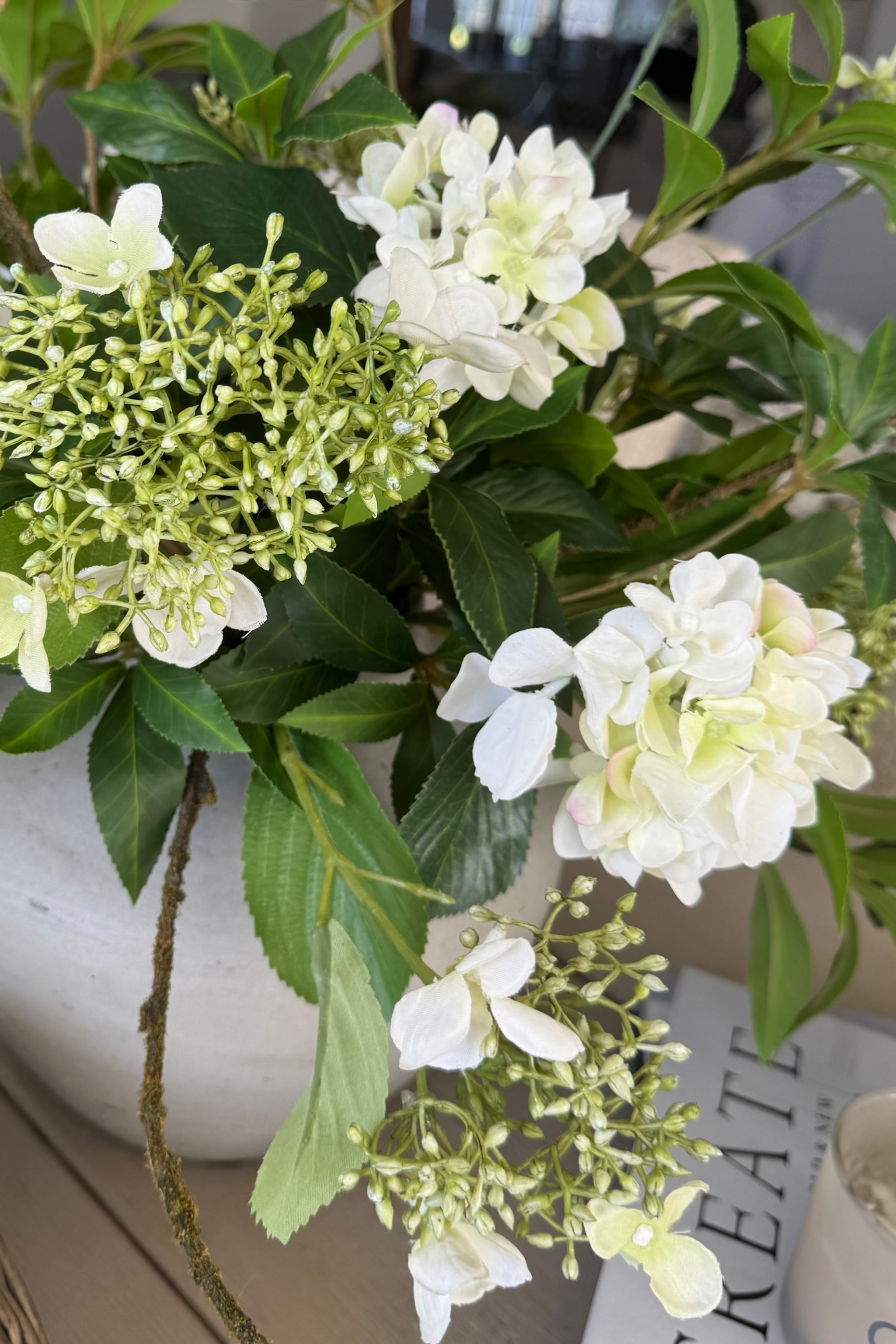 Bucida, Hydrangea Spray and Viburnum in a Light Grey Terracotta Vase RTfact Flowers 