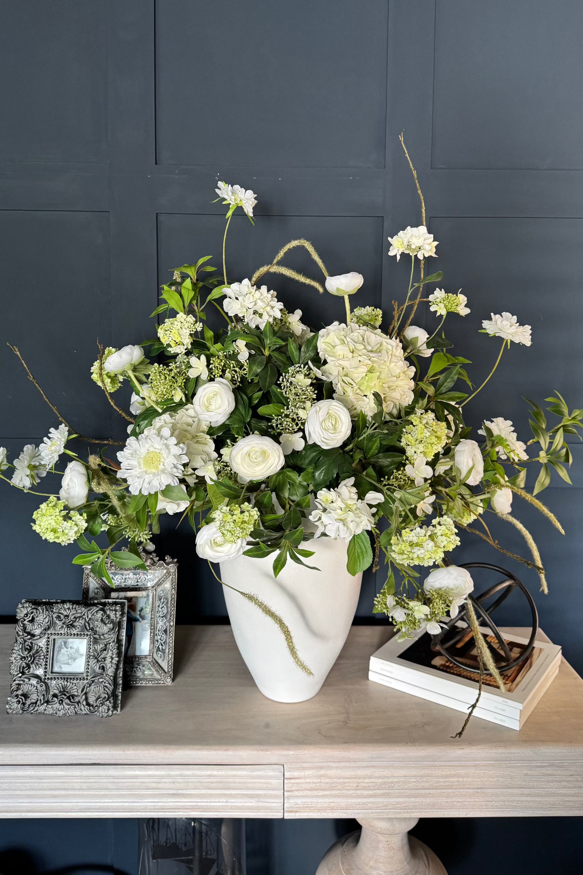 Ranunculus, Hydrangea and Viburnum in a Glazed White Vase RTfact Flowers 
