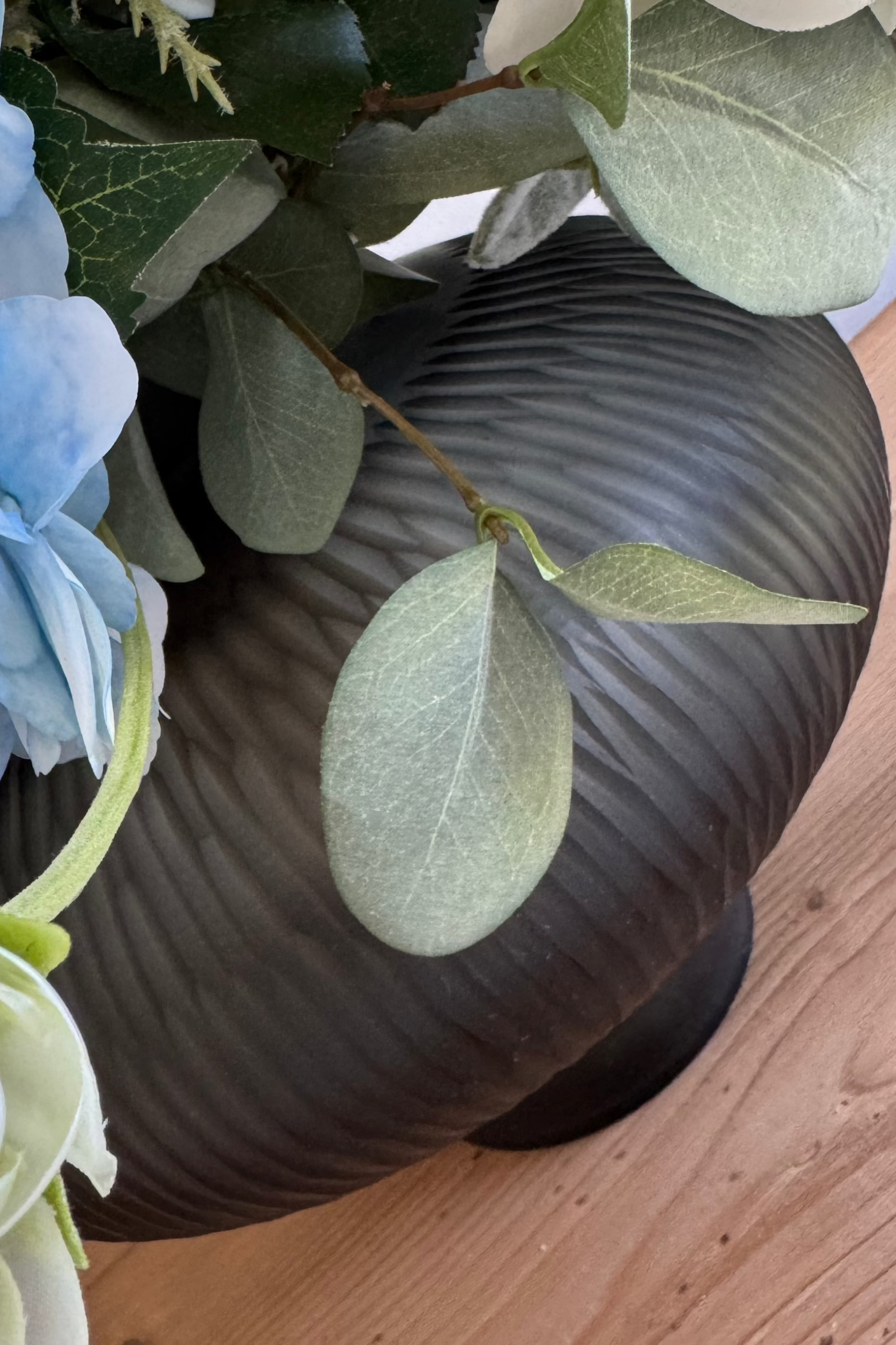 Rose, Ranunculus and Eucalyptus in a Grey Ridged Glass Vase RTfact Flowers 