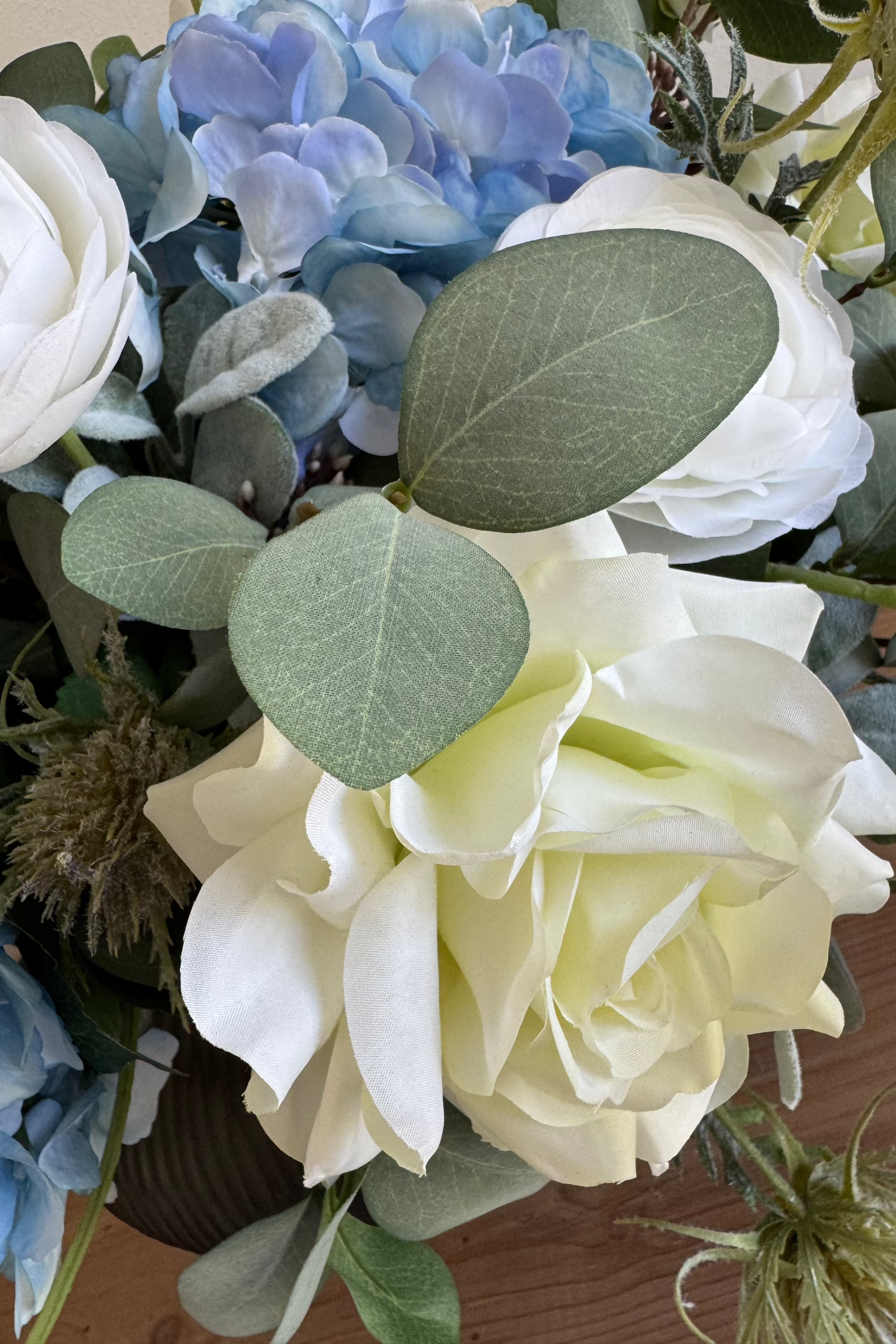Rose, Ranunculus and Eucalyptus in a Grey Ridged Glass Vase RTfact Flowers 