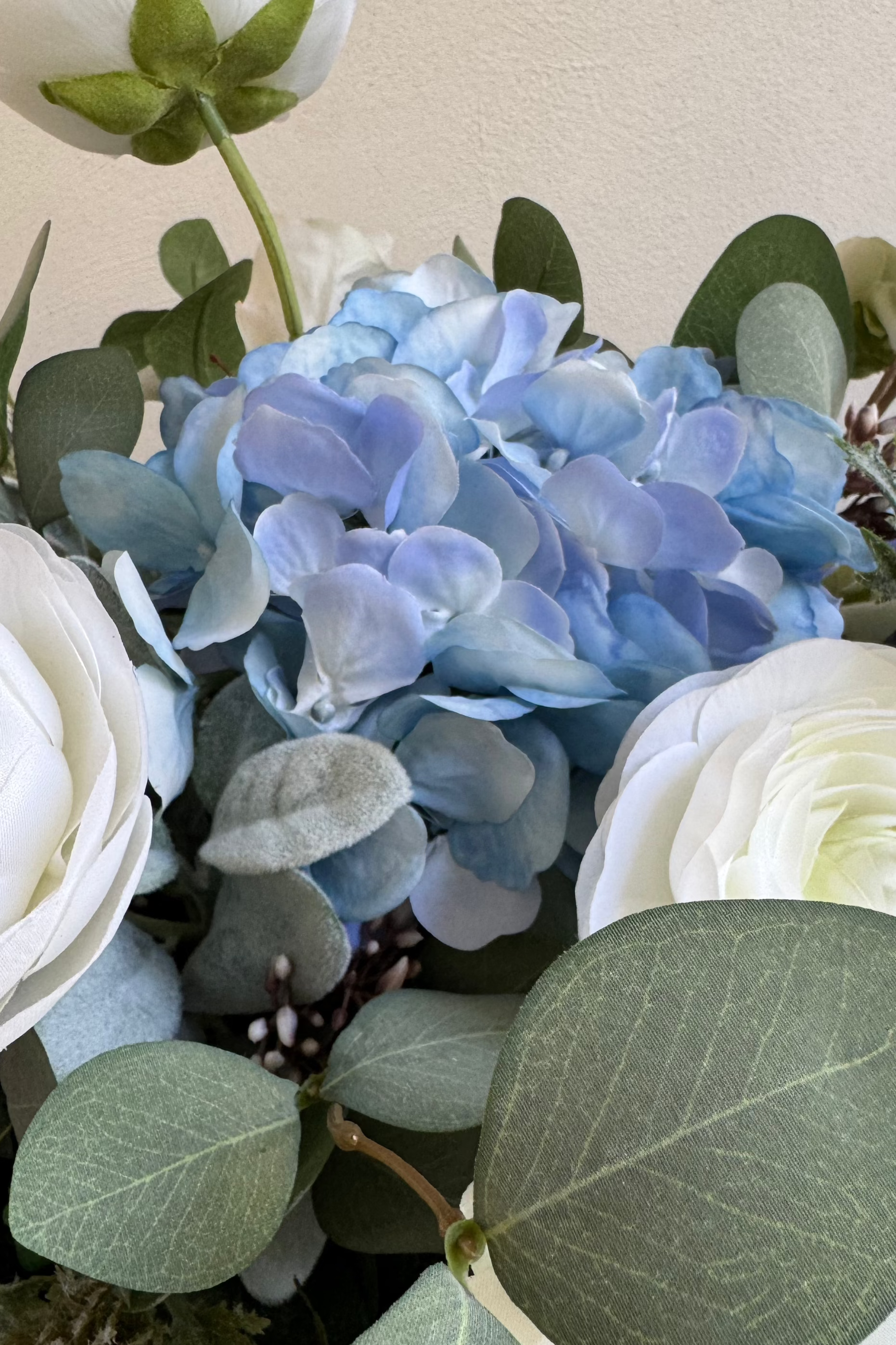 Rose, Ranunculus and Eucalyptus in a Grey Ridged Glass Vase RTfact Flowers 