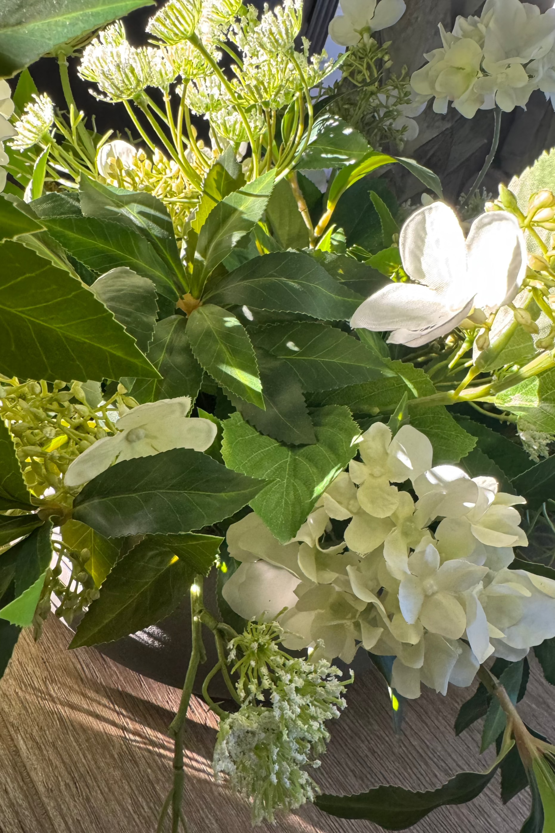 Bucida, Hydrangea Spray and Queen Anne's Lace in a Light Mocha Bowl RTfact Flowers 