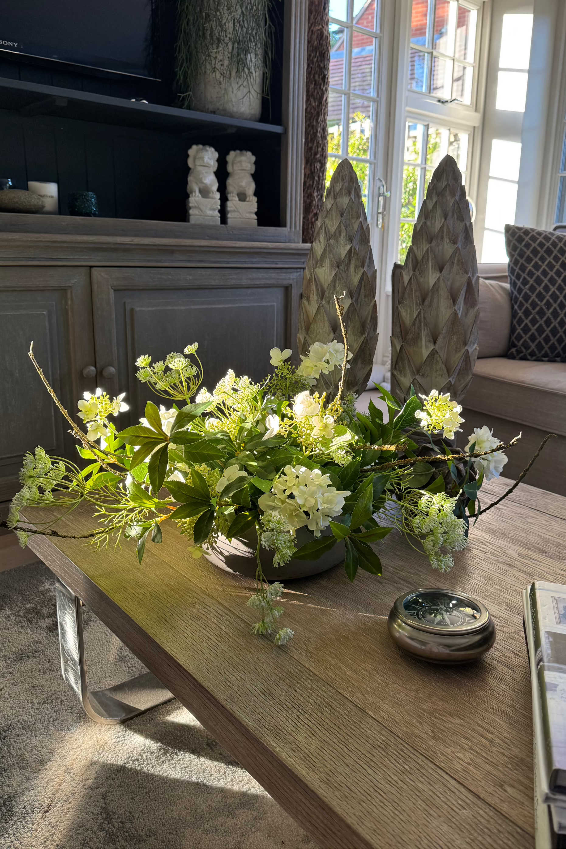 Bucida, Hydrangea Spray and Queen Anne's Lace in a Light Mocha Bowl RTfact Flowers 