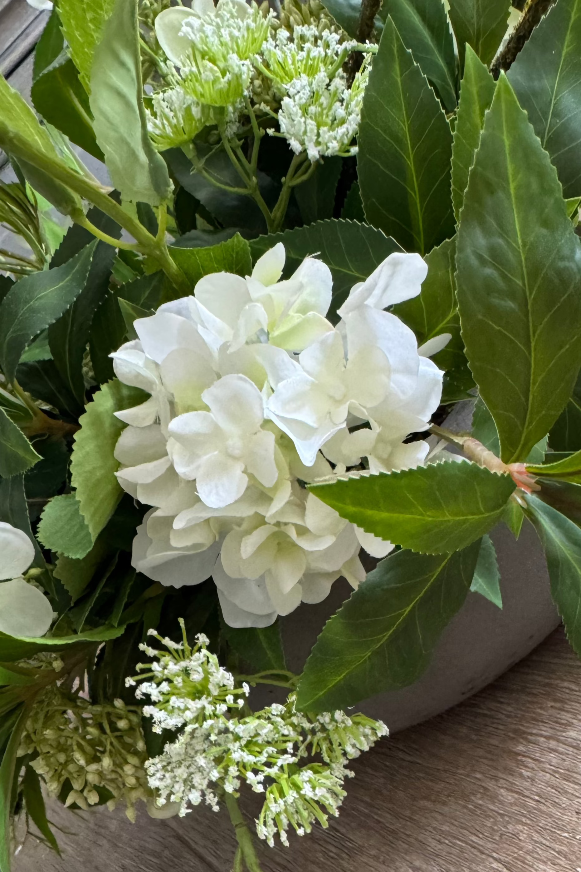 Bucida, Hydrangea Spray and Queen Anne's Lace in a Light Mocha Bowl RTfact Flowers 
