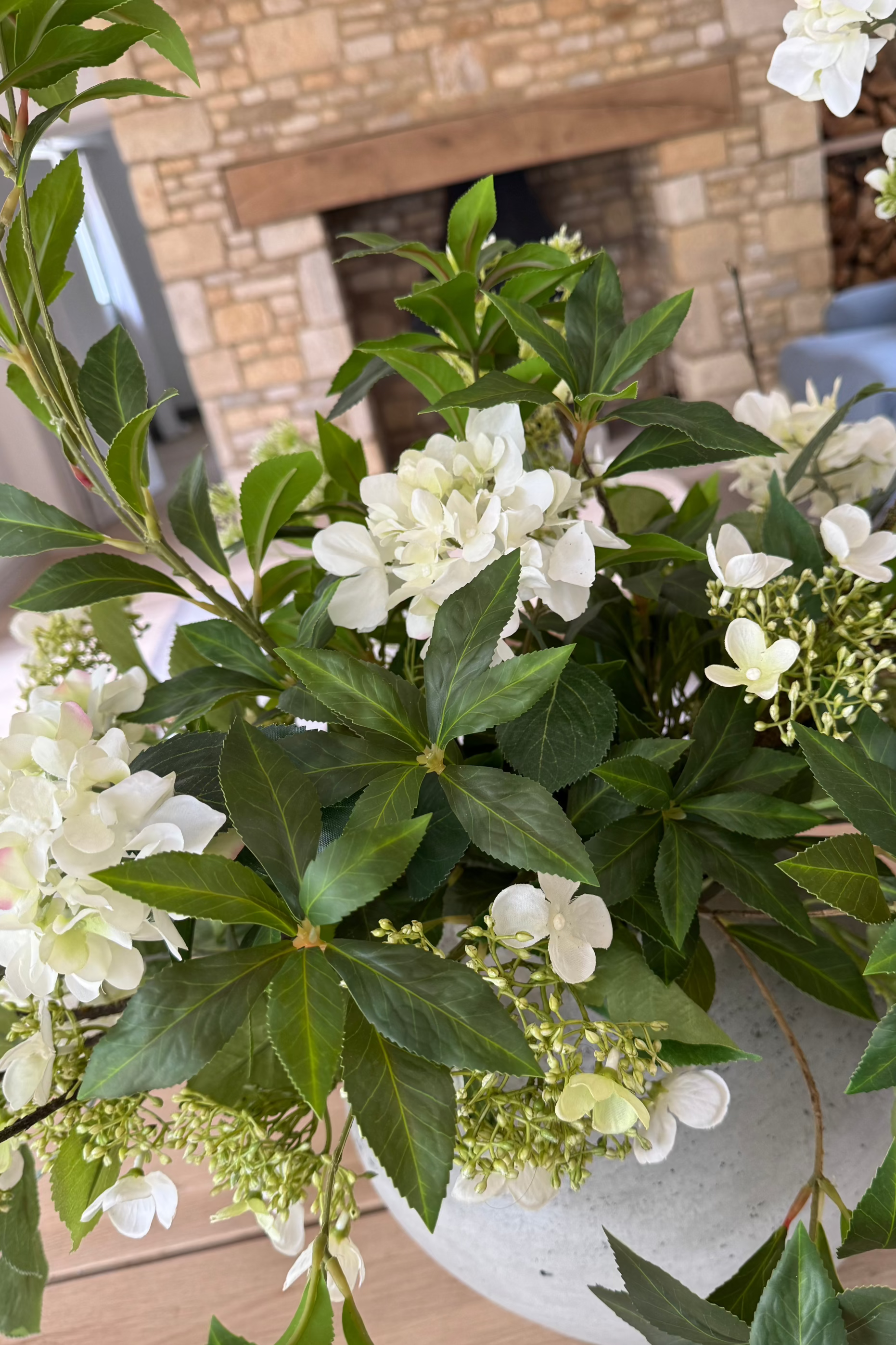 Bucida, Hydrangea Spray and Viburnum in a Light Grey Terracotta Vase RTfact Flowers 