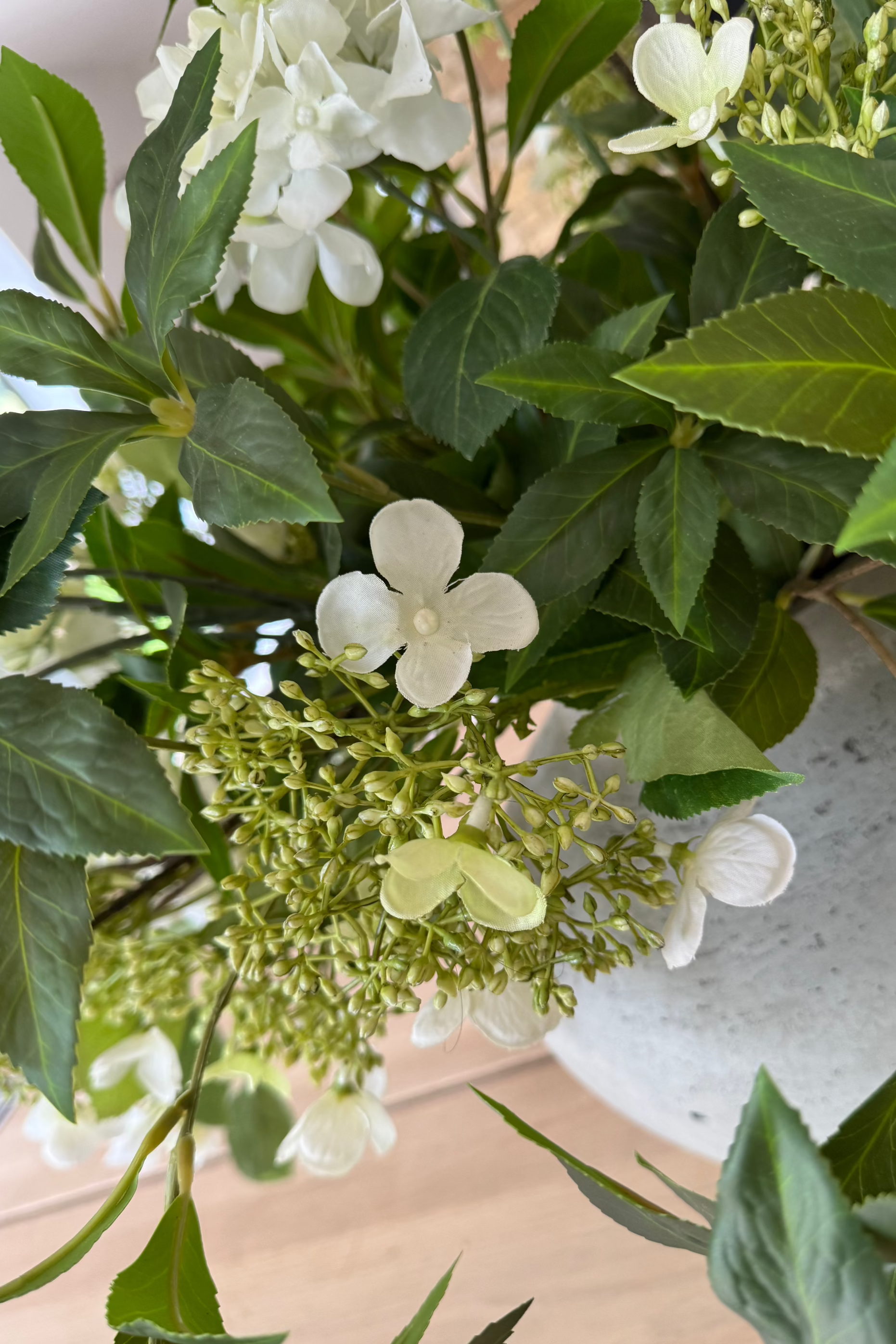 Bucida, Hydrangea Spray and Viburnum in a Light Grey Terracotta Vase RTfact Flowers 