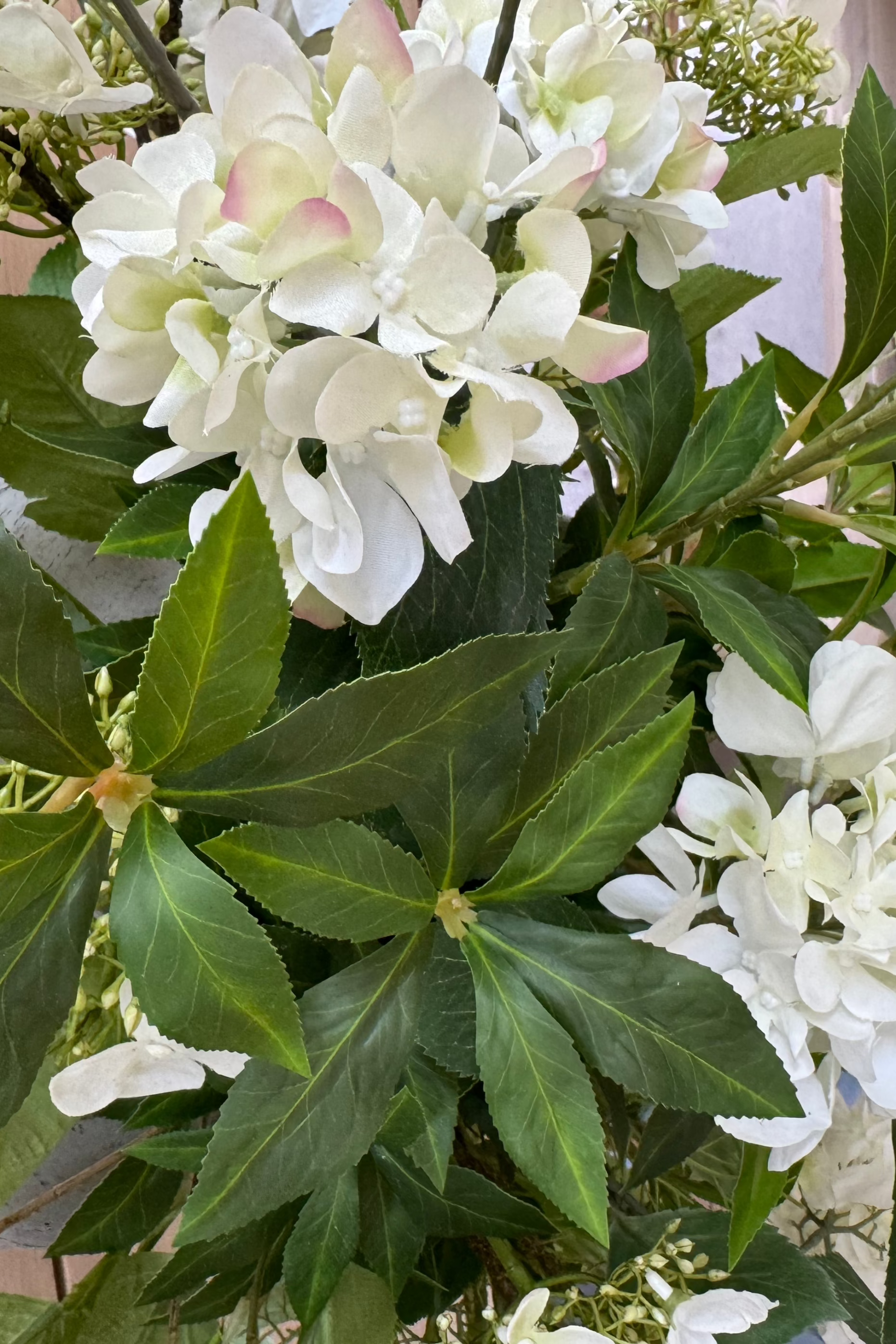 Bucida, Hydrangea Spray and Viburnum in a Light Grey Terracotta Vase RTfact Flowers 