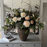 Ranunculus, Roses, Bucida and Eucalyptus in a Textured Bronze Vase RTfact Flowers 