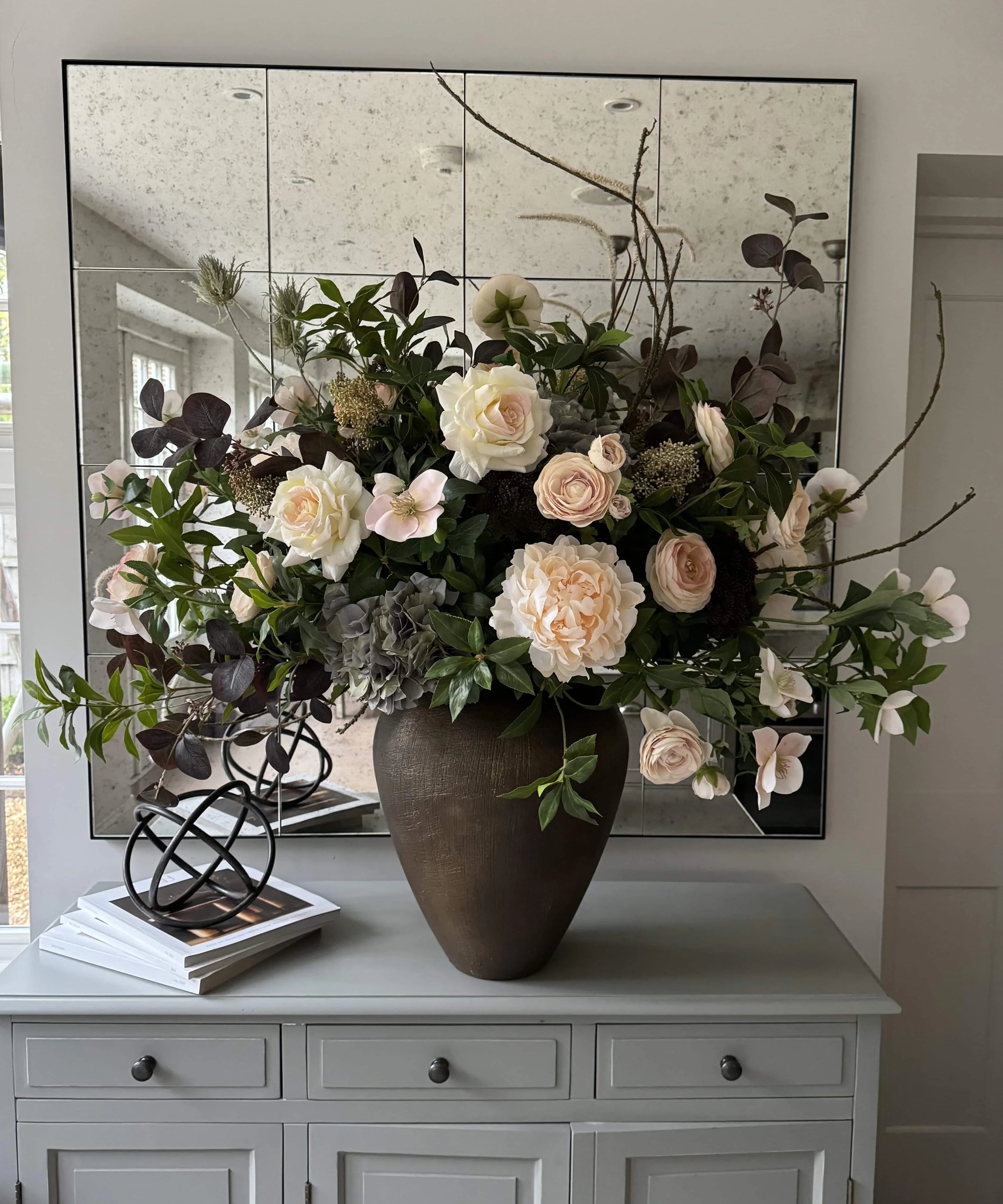 Ranunculus, Roses, Bucida and Eucalyptus in a Textured Bronze Vase RTfact Flowers 