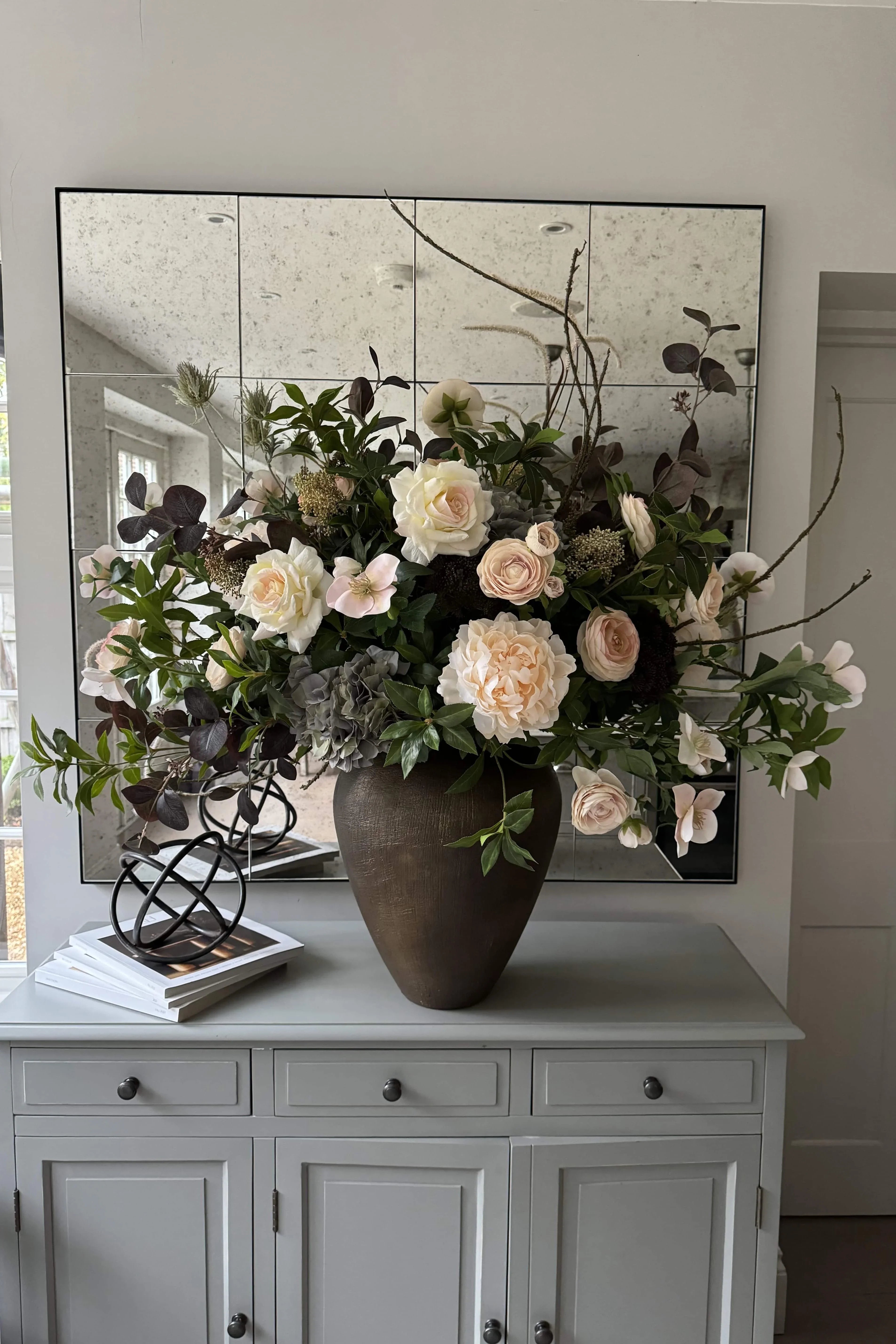 Ranunculus, Roses, Bucida and Eucalyptus in a Textured Bronze Vase RTfact Flowers 