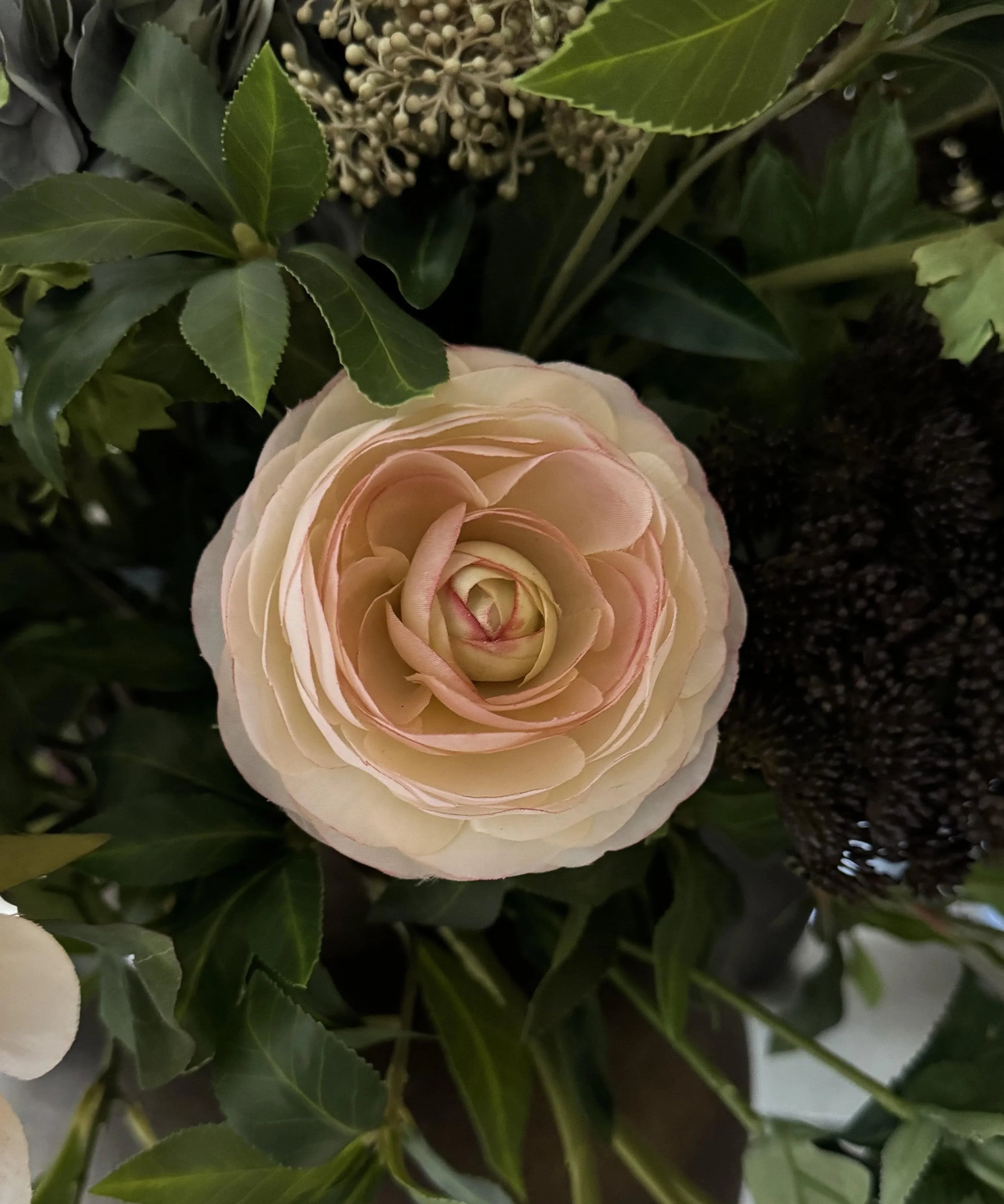 Ranunculus, Roses, Bucida and Eucalyptus in a Textured Bronze Vase RTfact Flowers 