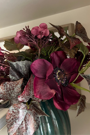 Anemone, Ivy and Hydrangea Spray in a Teal Blue Vase