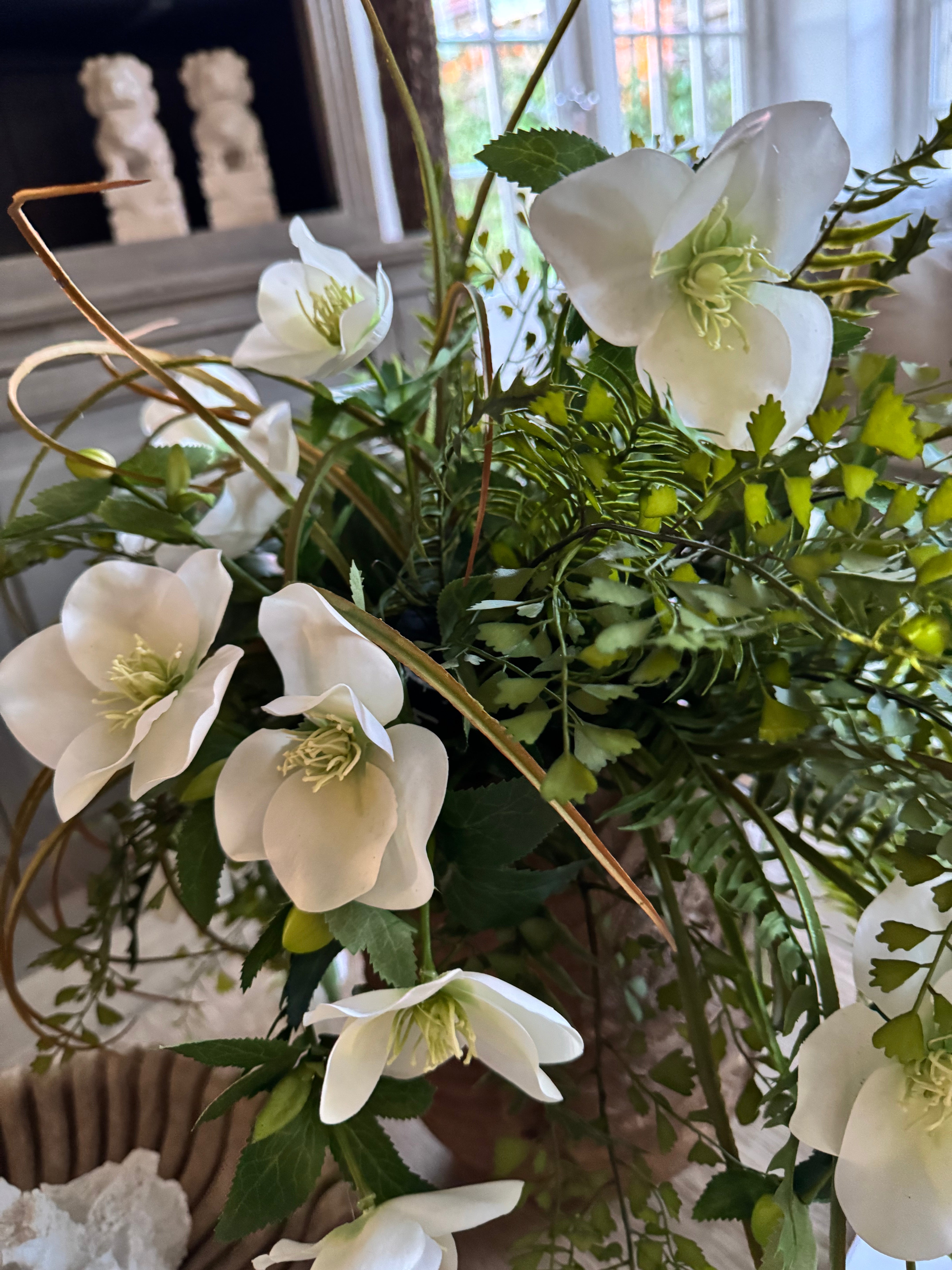 Hellebore, Fern and Tillandsia Grass in a Ribbed Wooden Vase RTfact Flowers 