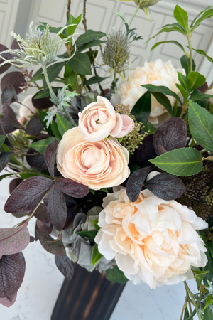 Ranunculus, Hydrangea and Eucalyptus in a Dark Brown Frosted Glass Vase RTfact Flowers 