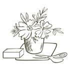 Line drawing of a vase with flowers, a box, and scissors on a white background