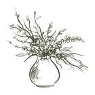Black line drawing of a vase with flowers on a white background