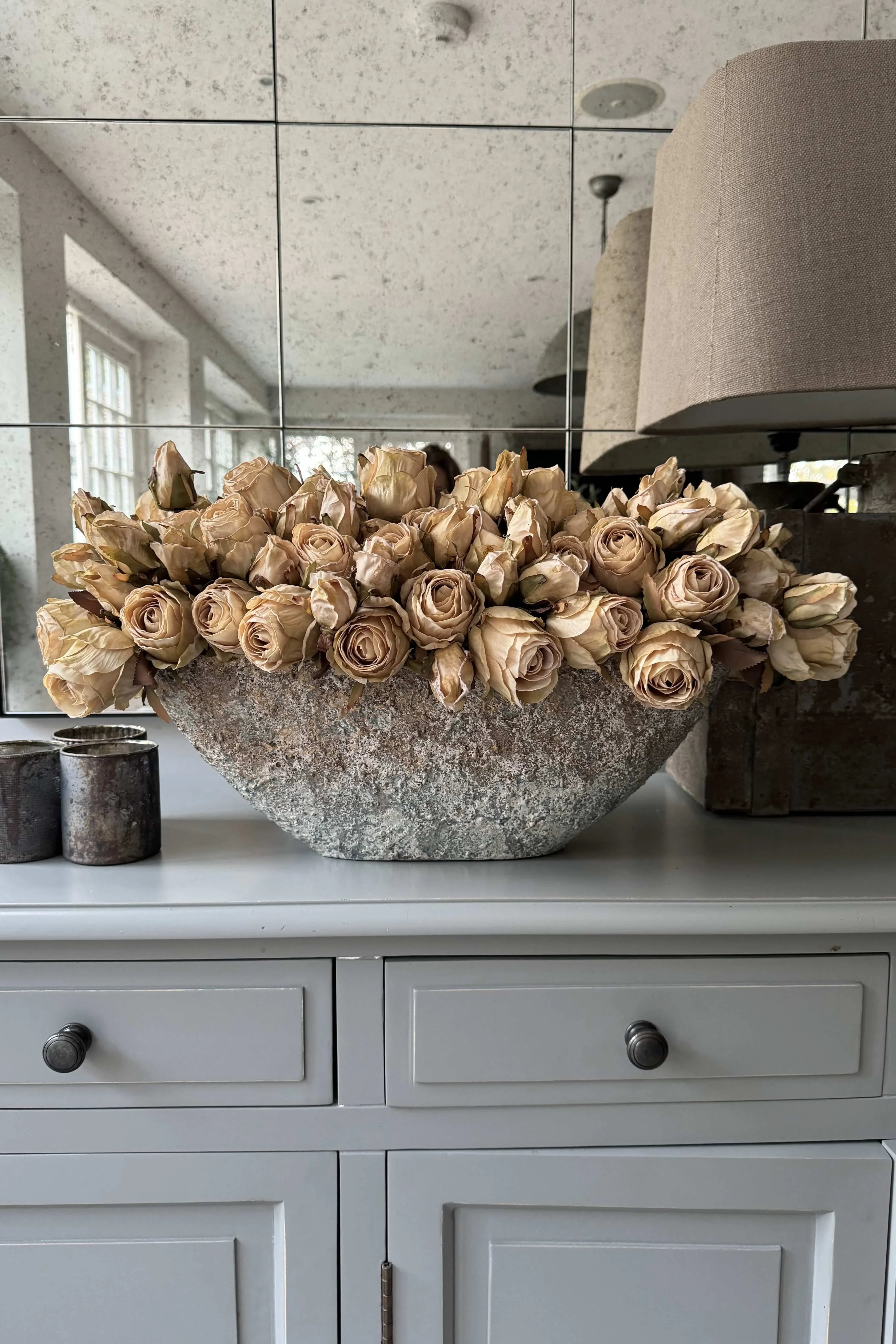 Roses (Champagne) in a Hand Painted Stone Boat RTfact Flowers 