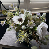 Anemone, Thistle and Eucalyptus in a Blue/Grey Glass Vase