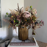 Ranunculus, Roses and Fern in a Antique Gold Vase