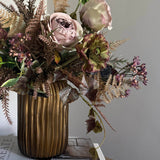 Ranunculus, Roses and Fern in a Antique Gold Vase