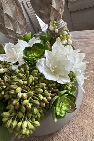 Lily, Succulents and Berries in a Light Grey Bowl