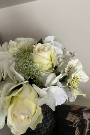 Hydrangea, Hellebore and Rose in a Mottled Grey Vase