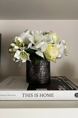 Hydrangea, Hellebore and Rose in a Mottled Grey Vase