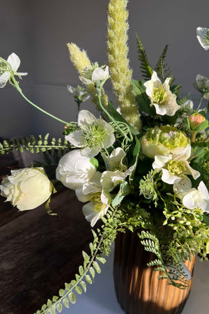 Ranunculus, Rose Buds and Quinoa in a Ribbed Glass Vase