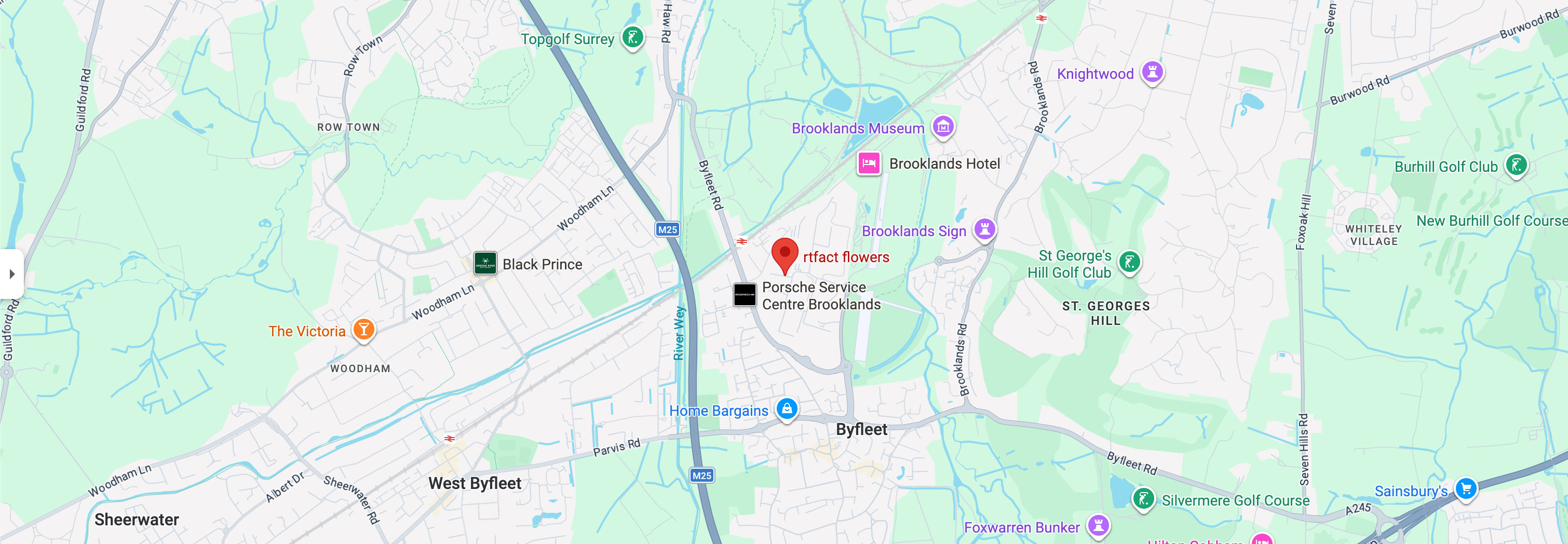 Map of a city with various locations marked, including RT Fact flowers