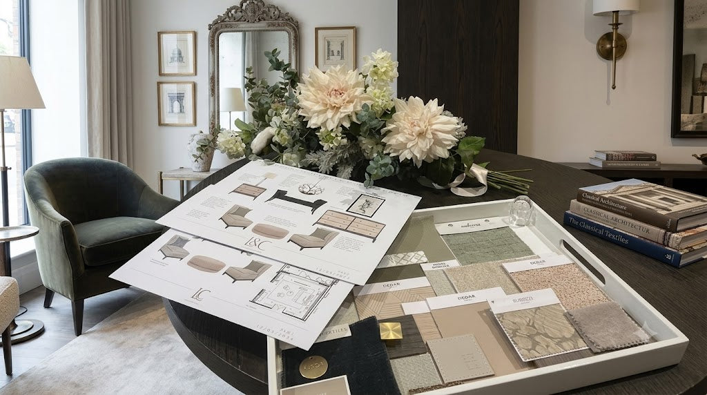 Room interior design with layout plan, color swatches, and decor items on a table.