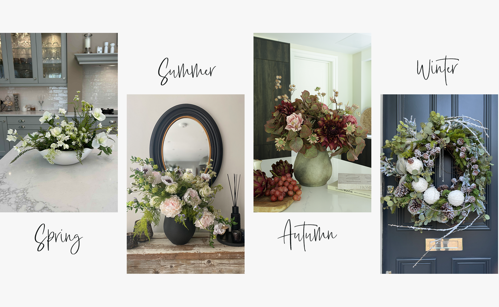 Collage of seasonal decor items labeled Spring, Summer, Autumn, and Winter.