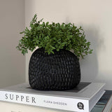 Black textured vase with faux green plant on top of books against a plain background