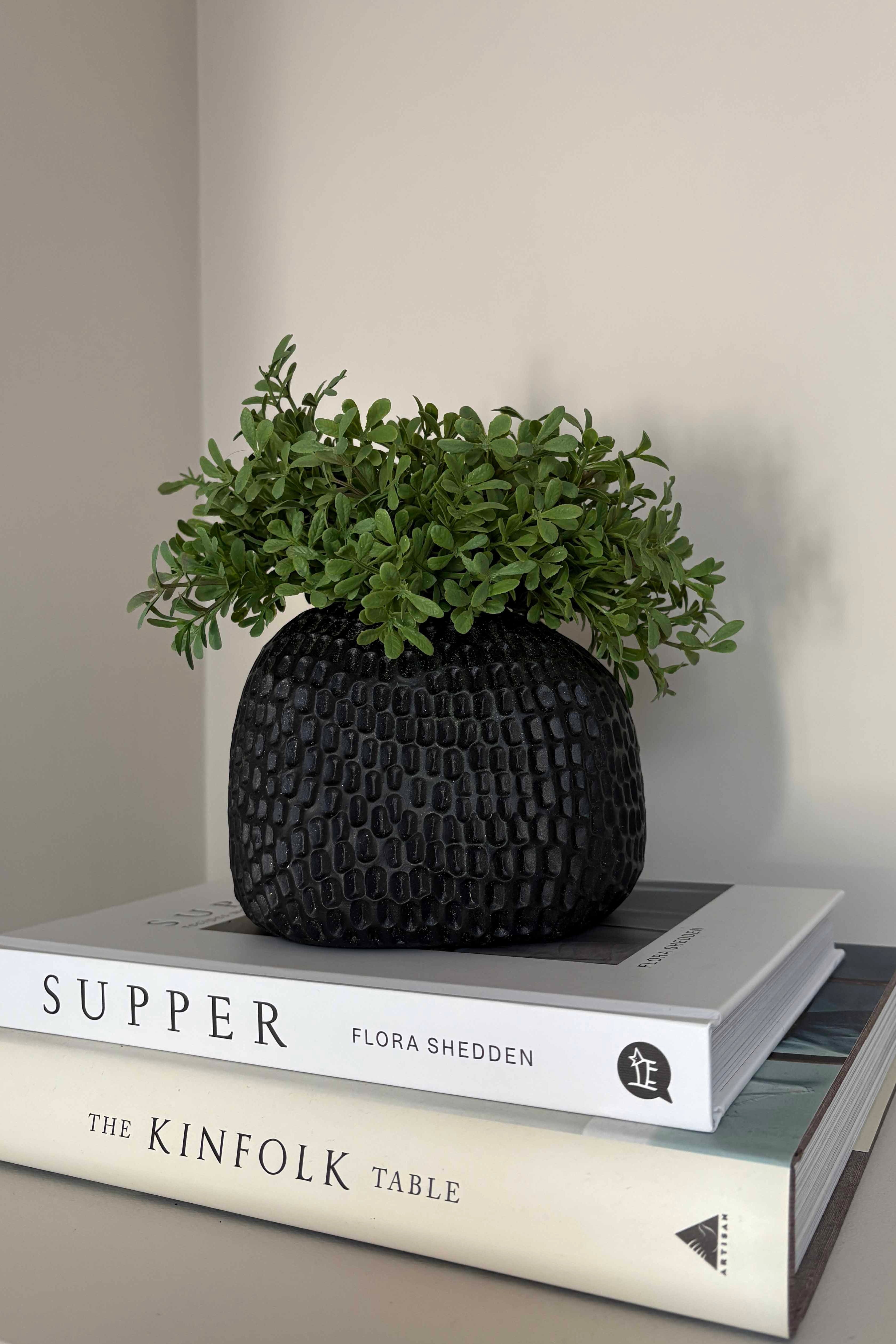 Black textured vase with faux green plant on top of books against a plain background