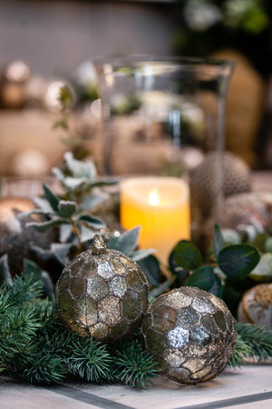 Set of 2 Glass Antique Silver Honeycomb Baubles