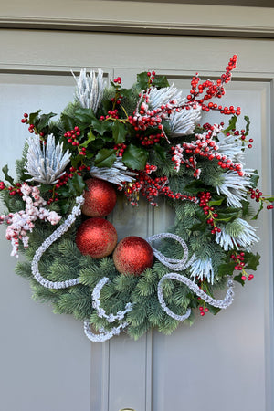 Pine Wreath with Frosted Red Berries,Flock and Baubles