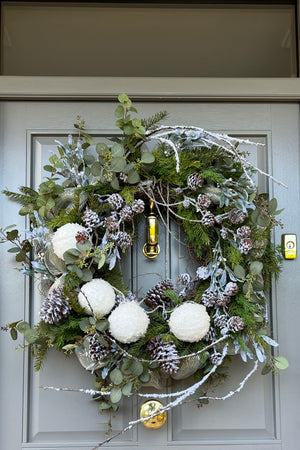 Spruce Wreath with Pine Cone Branch, Snowball, Eucalyptus and Frosted Twig
