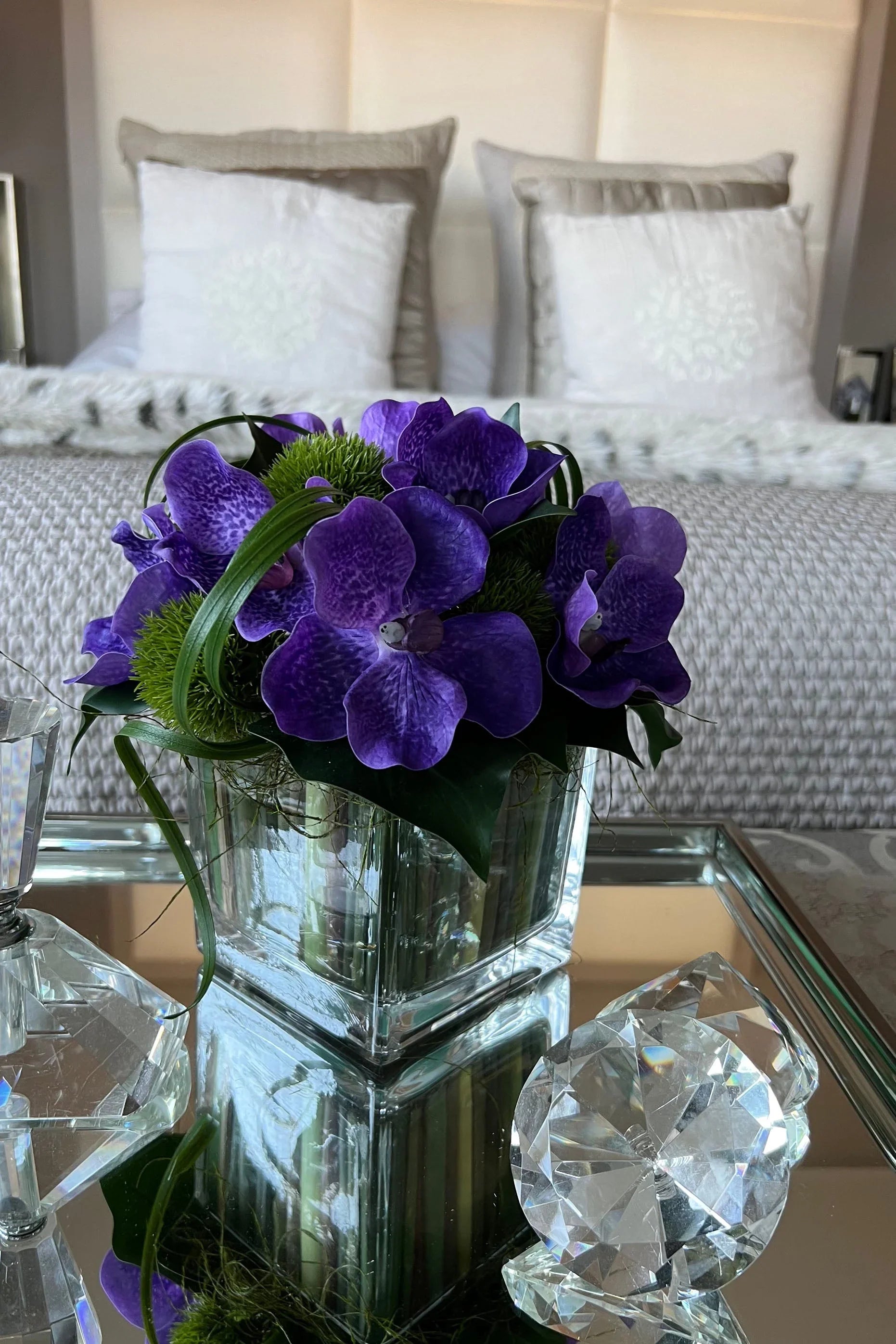 Vanda Orchid (purple) with Dianthus in a Stem Lined Cube RTfact Flowers 