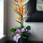 Tropical Birds of Paradise and Vanda Orchids in Black Vase (Large) RTfact Flowers 