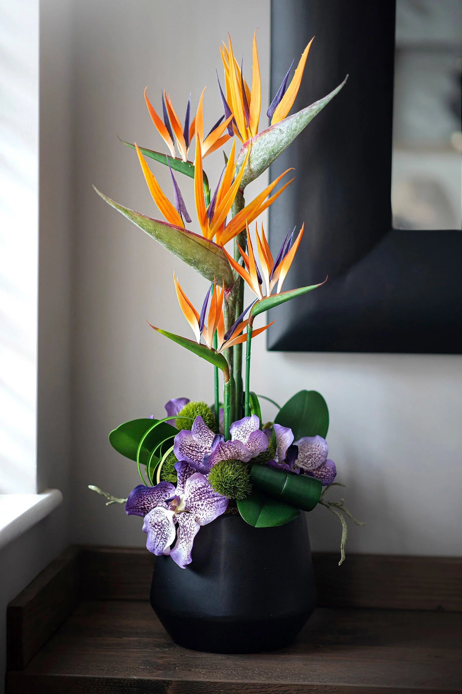 Tropical Birds of Paradise and Vanda Orchids in Black Vase (Large) RTfact Flowers 