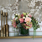 Hydrangea and Rose in a Leaf Lined Glass Cylinder RTfact Flowers 