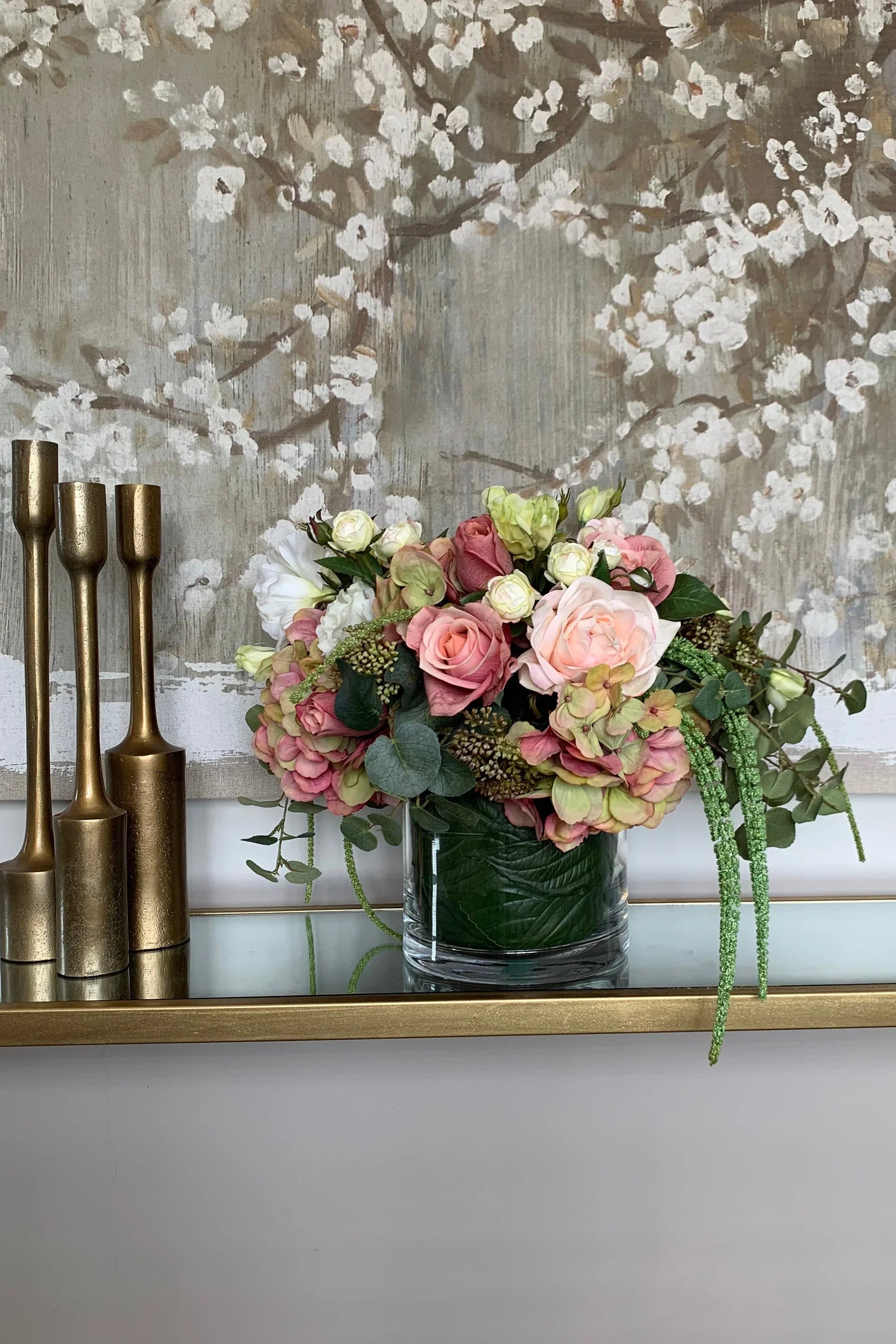 Hydrangea and Rose in a Leaf Lined Glass Cylinder RTfact Flowers 
